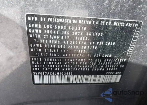 2020 Volkswagen Tiguan 2.0T S z USA, uszkodzony, nr VIN 3VV0B7AX4LM133653